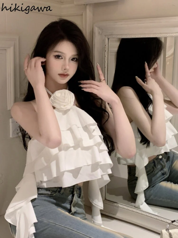 deanwangkt Crop Tops  Womens Blouses Fashion Clothing Ruffles Bandage Shirts Backless Slim Y2k Top Floral Summer Camis Ropa Mujer - Deanwangkt