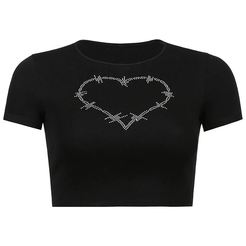 Letter Print Crop Top Graphic T Shirts O Neck Sexy Top Women Short Sleeve T-Shirts Fairy Grunge Slim Basic Baby Tees Y2K Clothes - Deanwangkt