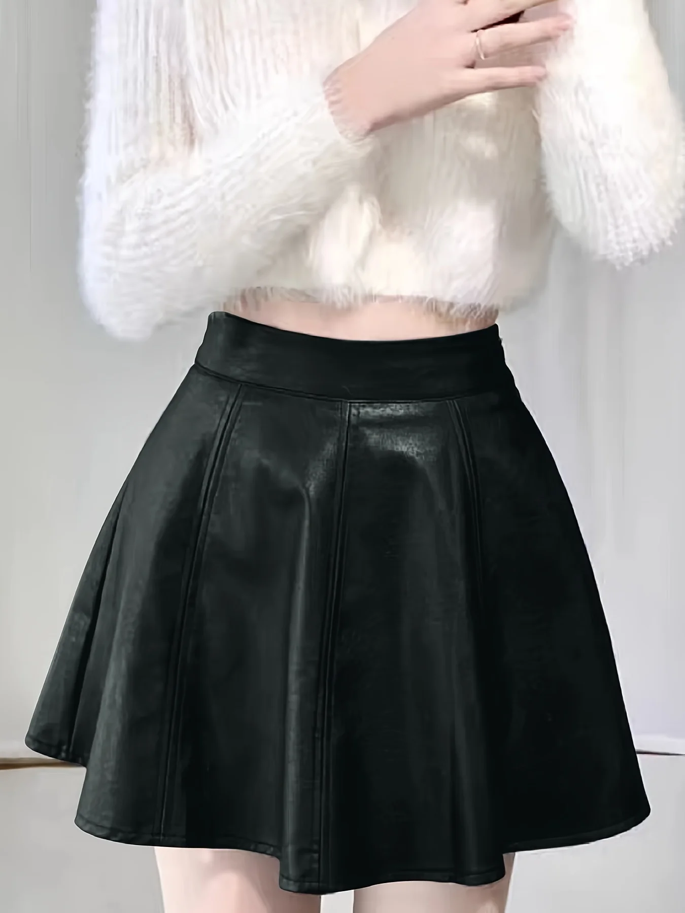 deanwangkt-1 Faux Leather Solid Flared Skirt, Elegant High Waist Mini Skirt, Women's Clothing - Deanwangkt