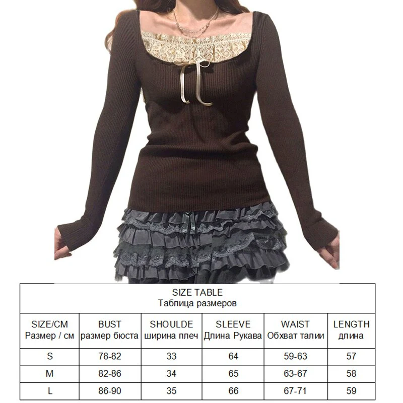 Long Sleeve T-Shirt Black Top Women Patchwork Lace Crop Top Winter Spring Women Pulovers Sexy Skinny V Neck Tees 90s Y2K Clothes - Deanwangkt