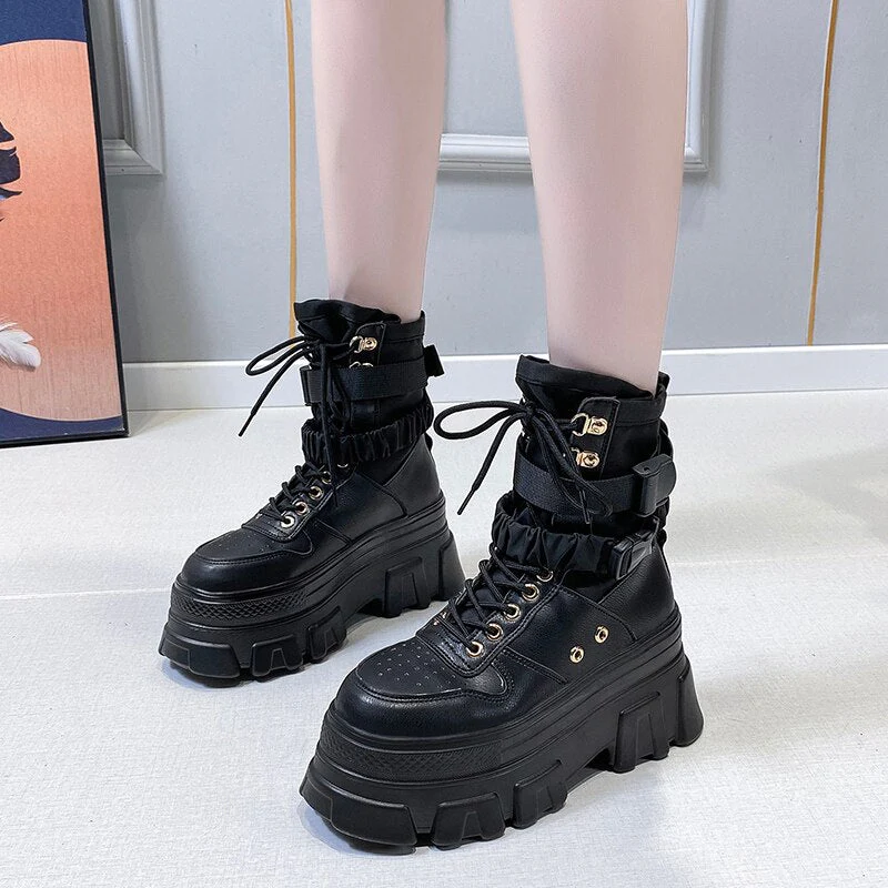 DEANWANGKT Punk Style Women Ankle Boots Thick Sole Short Booties Buckle Straps Platform Shoes Woman Ladies Knight Boot Autumn Botas Mujer - Deanwangkt