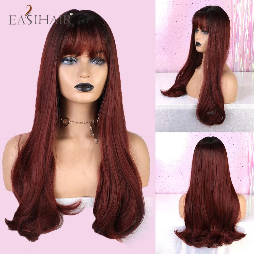 deanwangkt  Long Black Wigs Cosplay Body Wave Synthetic Wigs With Bangs For White/Black Women Brazilian American Natural Hair - Deanwangkt