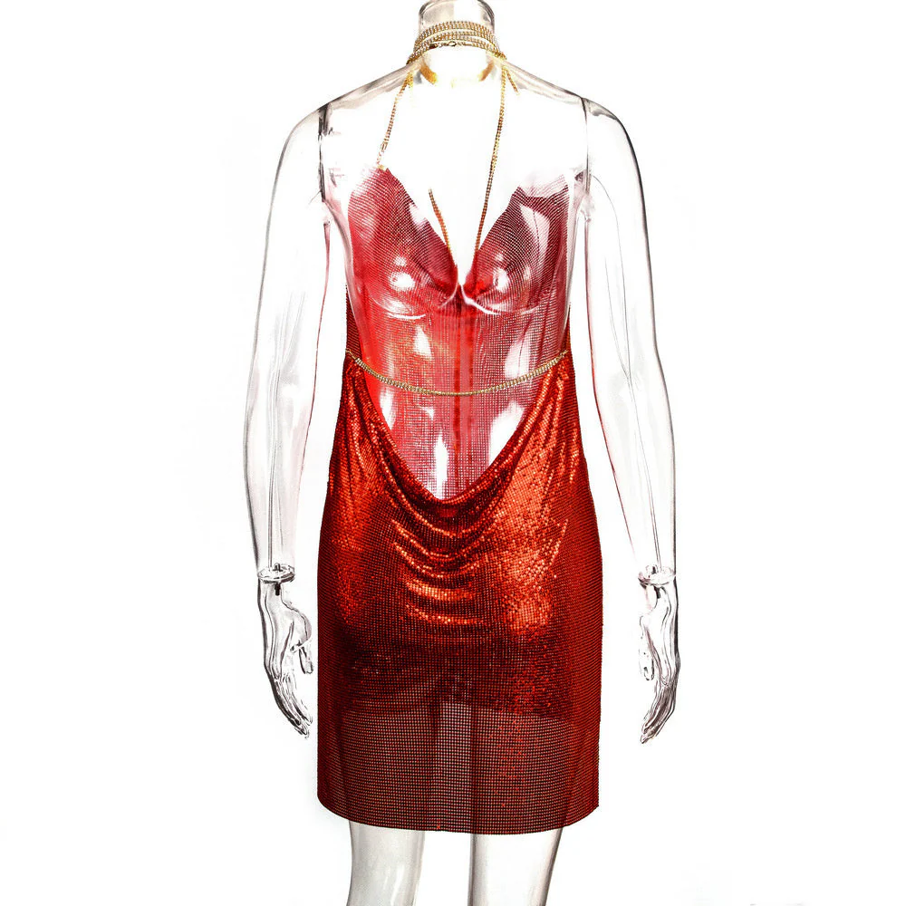 SRUBY Sexy Backless Metal Party Summer Dress Women Beach Night club Mini slip dress Glitter Sequin ladies Dresses  Christmas - Deanwangkt