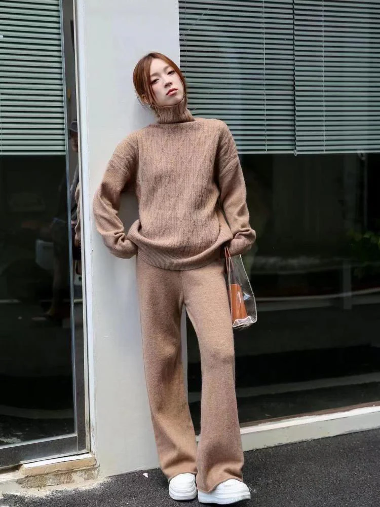 Women Solid Knit Sweater Suit Autumn Winter Casual Turtleneck Pullover High Waist Wide Leg Pants Elegant 2 Piece Sets Lazy Style - Deanwangkt