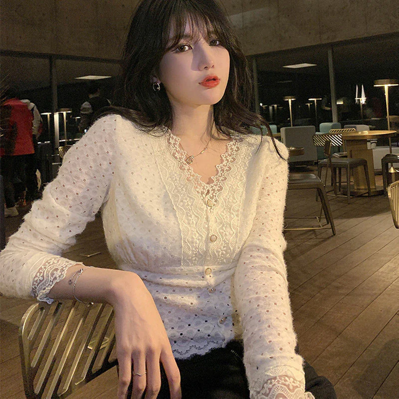 deanwangkt Lace V-Neck Blouse Women  Spring Long Sleeve Party Sexy Base Shirt Female Korea Style Elegant Office Lady Slim Tops - Deanwangkt