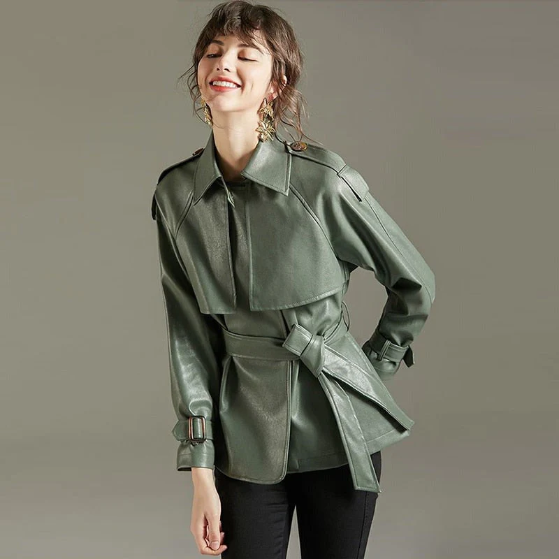 deanwangkt   Spring Autumn Lapel Faux Leather Jacket Women Green PU Coat Simplicity Loose Jackets Office Lady Outwear With Belt - Deanwangkt
