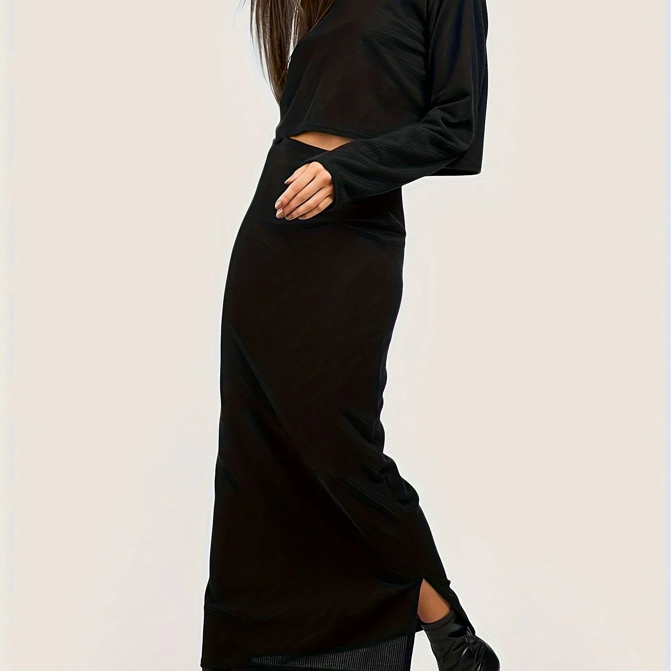 Elegant Solid Two-piece Skirt Set, Crew Neck Long Sleeve Top & High Waist Slit Skirts Outfits, Women's Clothing - Deanwangkt