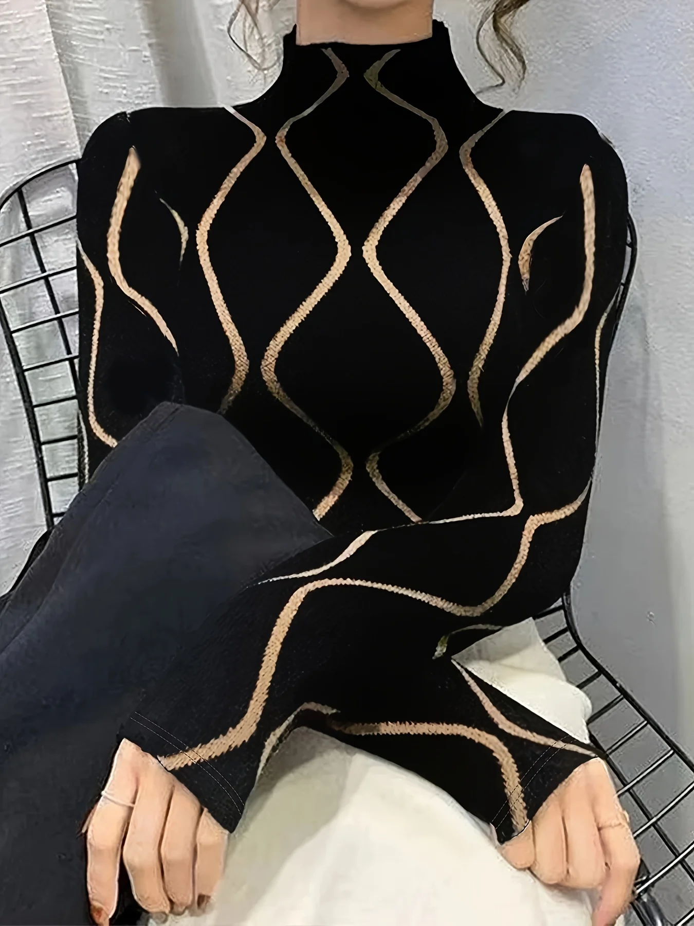 deanwangkt-1 Color Block T-Shirt, Casual Mock Neck Long Sleeve Top For Spring & Fall, Women's Clothing - Deanwangkt