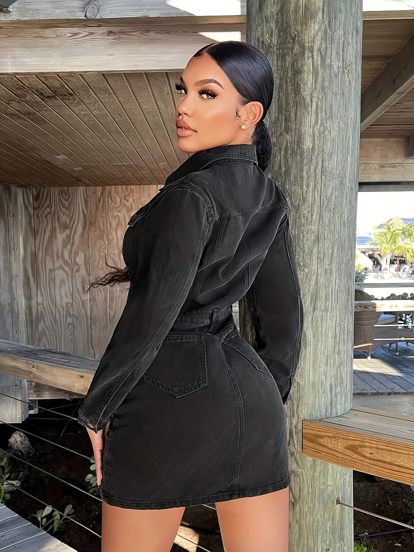 Black Washed Lapel Denim Dress, Single Breasted Button Flap Pockets Fashion Denim Dress, Women's Denim Clothing - Deanwangkt