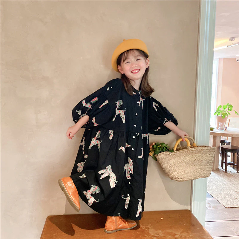 deanwangkt  Spring autumn kids colorful pony printing oversized long dress for girls cotton loose puff sleeve high quality dresses - Deanwangkt