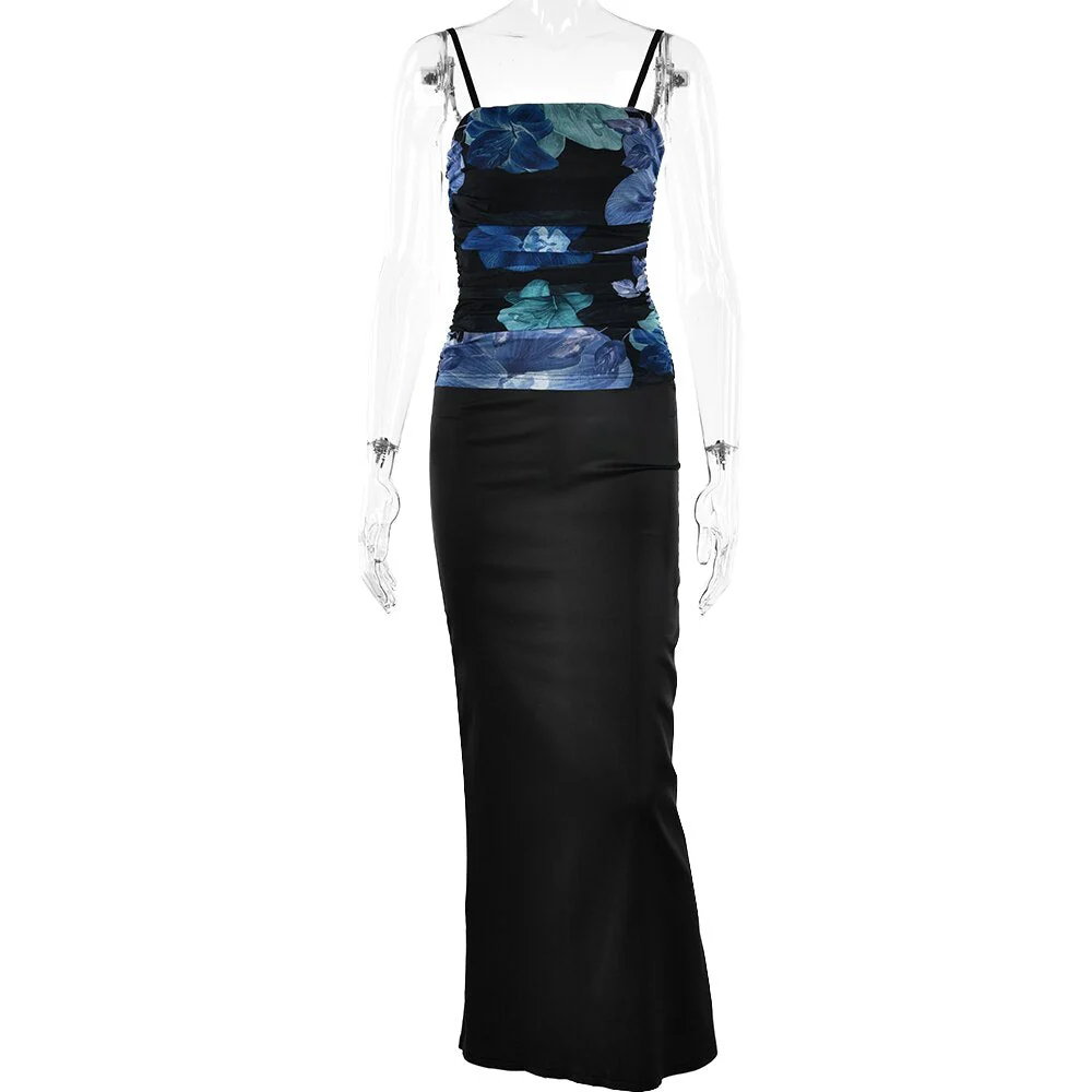 deanwangkt Women Summer Satin Slip Patchwork Mesh Maxi Dress Print Backless Off Shoulder For Women Outfits Beach Holiday Vestido - Deanwangkt