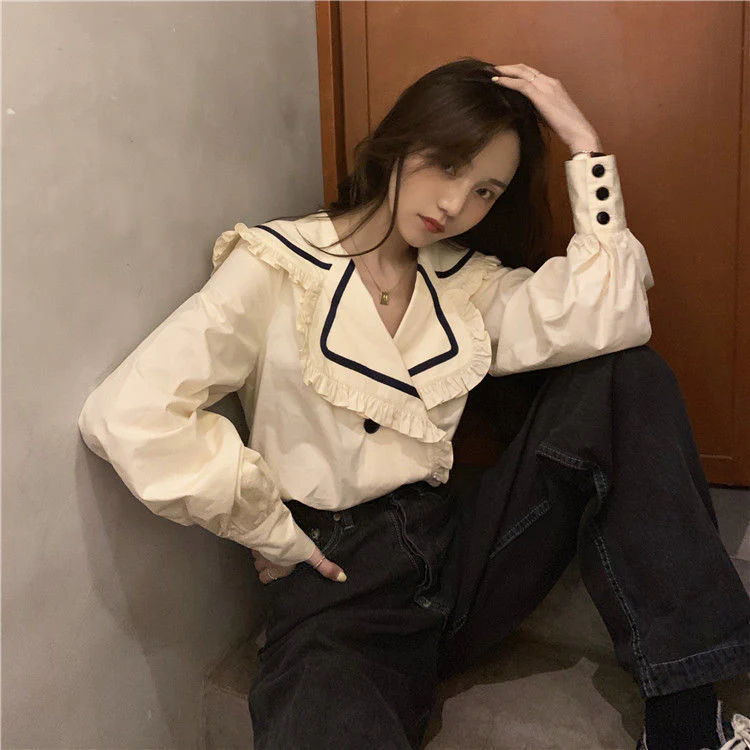 deanwangkt Shirts Womens Spring Autumn Elegant Ruffles Sailor Collar Casual Blouses Ladies Kawaii Korean Style Harajuku Female Tops Trendy - Deanwangkt
