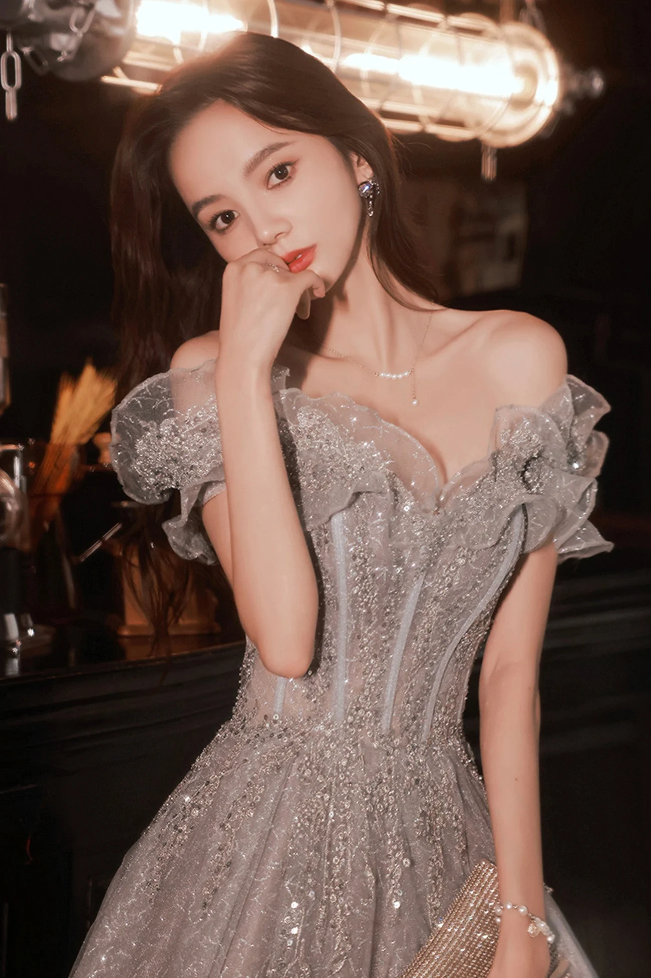 solvbao Gray Tulle Sequins Long Prom Dresses, A-Line Off the Shoulder Evening Dresses - Deanwangkt