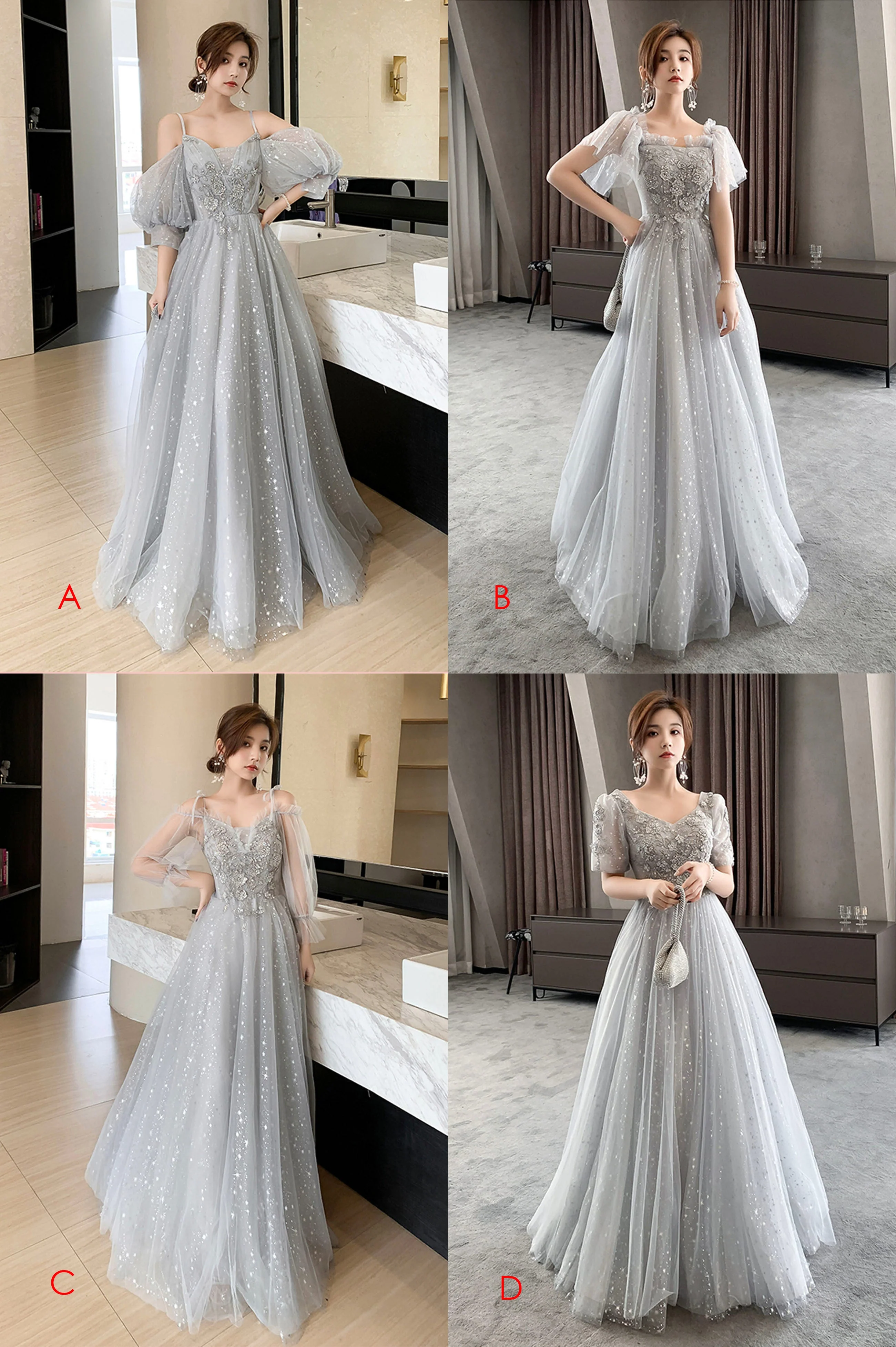 solvbao Gray Tulle Sequins Long Prom Dresses, A-Line Evening Dresses - Deanwangkt