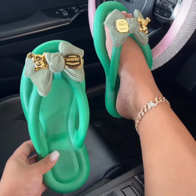 deanwangkt - Green Casual Living Patchwork With Bow Round Comfortable Shoes - Deanwangkt