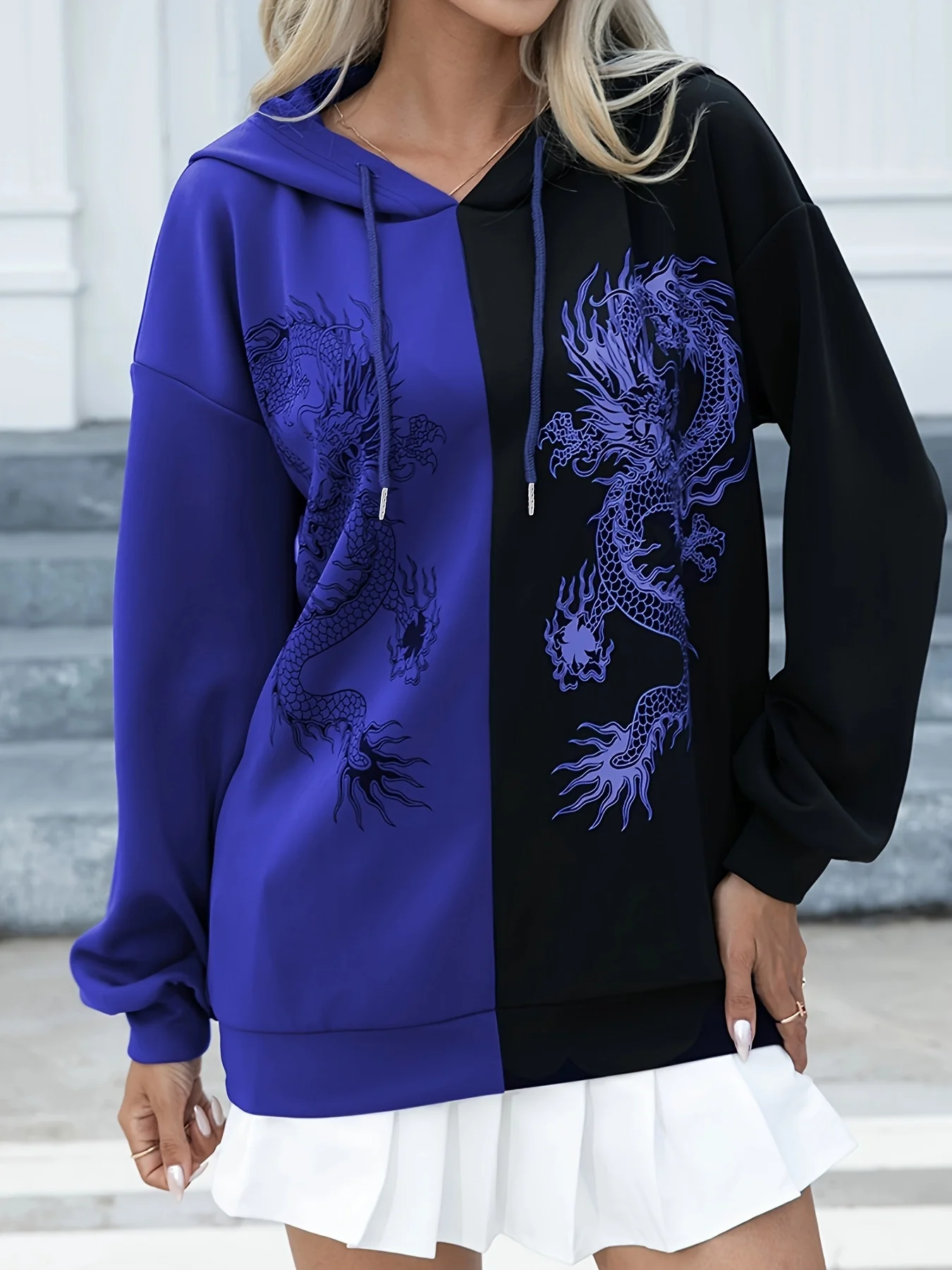 deanwangkt-1  Dragon Print Two-tone Hoodie, Casual Long Sleeve Drawstring Hoodies Sweatshirt, Women's Clothing - Deanwangkt