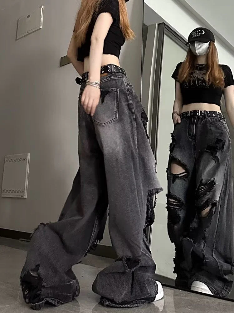 deanwangkt Niche Design Jeans, High Street Heavy Industry Wide Leg Pants, High-end Floor Length Pants, Trendy Brand Women's Jeans - Deanwangkt