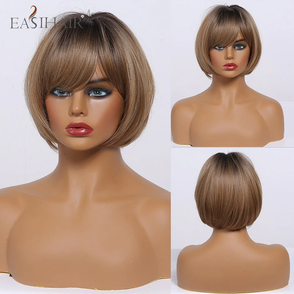 deanwangkt  Short Hair Wig With Bangs Pixie Cut Ombre Black Ash Light Blonde Synthetic Wigs For Women Cosplay Wigs Heat Resistant - Deanwangkt