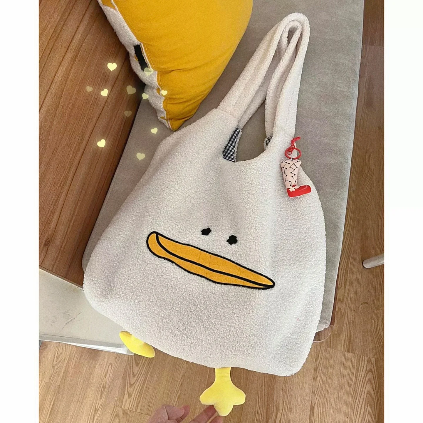 deanwangkt Kawaii Tote Bag Women Cartoon Duck Embroidery Plush Handbags and Purses Soft Imitation Lamb Hair Shoulder Bag For Women Bolsas - Deanwangkt