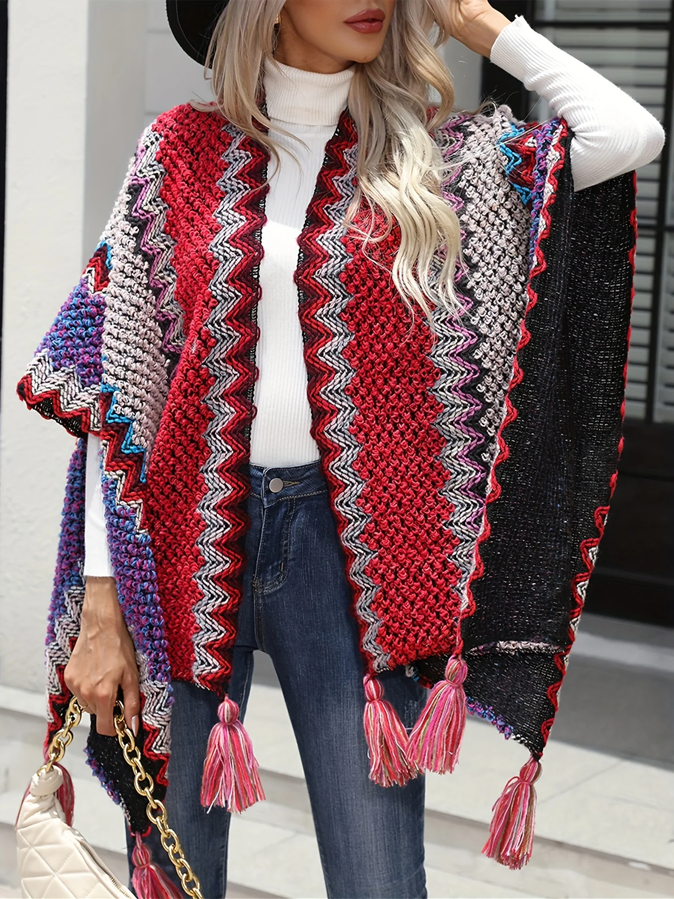 deanwangkt Rainbow Striped Open Front Cape Cardigan, Casual Tassel Trim Sweater, Women's Clothing - Deanwangkt