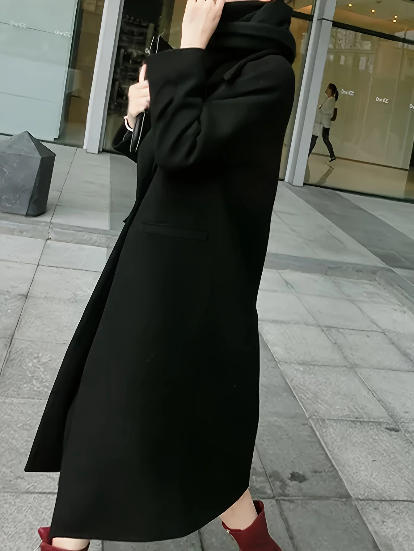 Solid Lapel Mid Length Overcoat, Elegant Long Sleeve Winter Outerwear, Women's Clothing - Deanwangkt