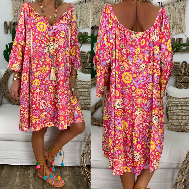 Summer Plus Size Women Boho Floral Print Dress Casual Loose Deep V Neck Holiday Beach Shirt Dress Vestido - Deanwangkt