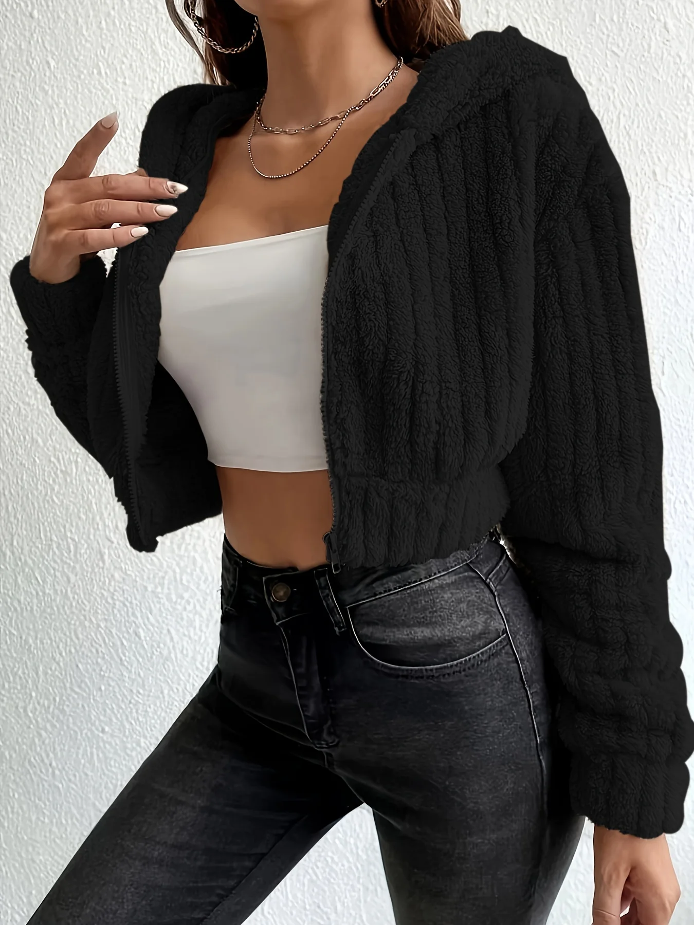 deanwangkt-1  Fuzzy Trim Fall & Winter Jacket, Casual Zip Up Hooded Long Sleeve Outerwear, Women's Clothing - Deanwangkt