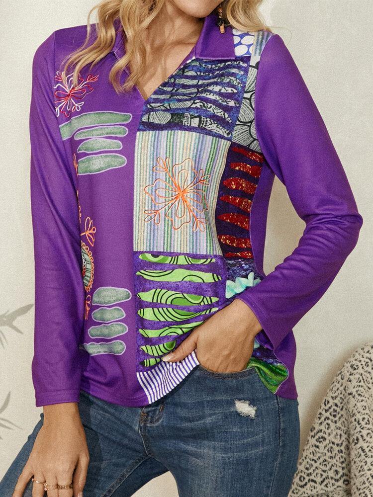 deanwangkt Ethnic Style Abstract Print Lapel Long Sleeve Blouse For Women - Deanwangkt