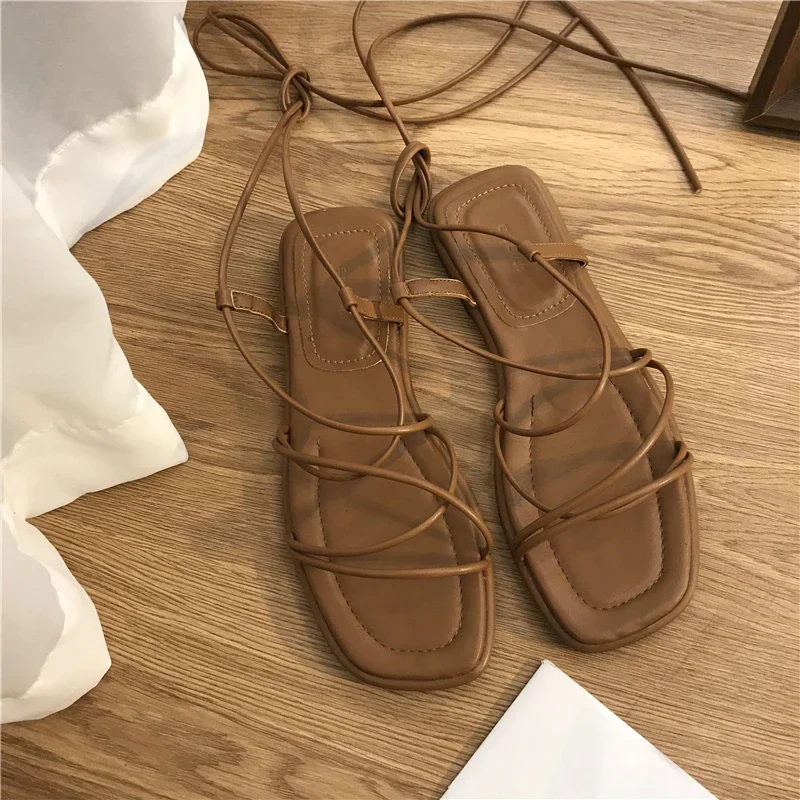 deanwangkt Summer Shoes Women Sandals Narrow Band Vintage Square Toe Flat Cross Strap Thong Sandals V Shape Design Shoes Women - Deanwangkt