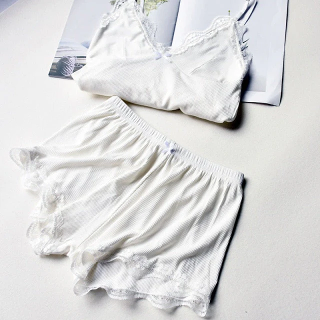 deanwangkt Two Piece Cotton Pajamas Set for Women Sexy Lace Top And Shorts Pajama Spaghetti Strap Sleepwear High Elastic Woman Clothes - Deanwangkt