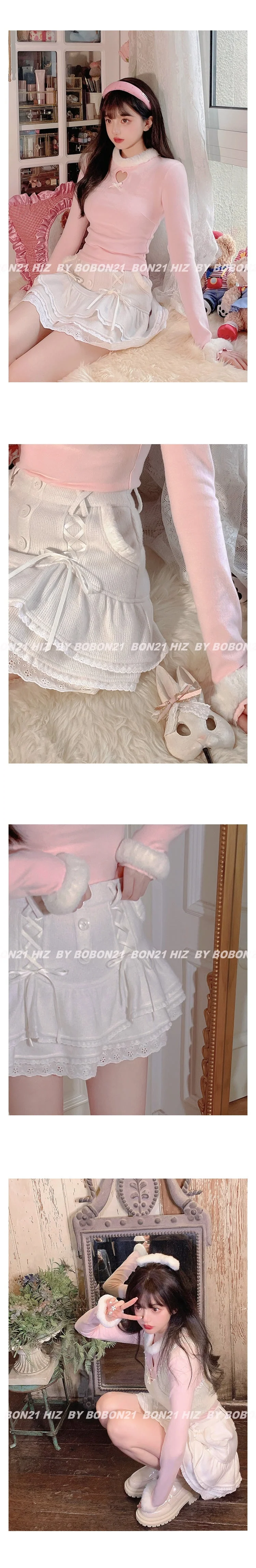 Japanese Kawaii Lolita Mini Skirt Women Winter Lace Casual Elegant Sweet Female Skirt High Waist Bandage Korean Skirt  New - Deanwangkt