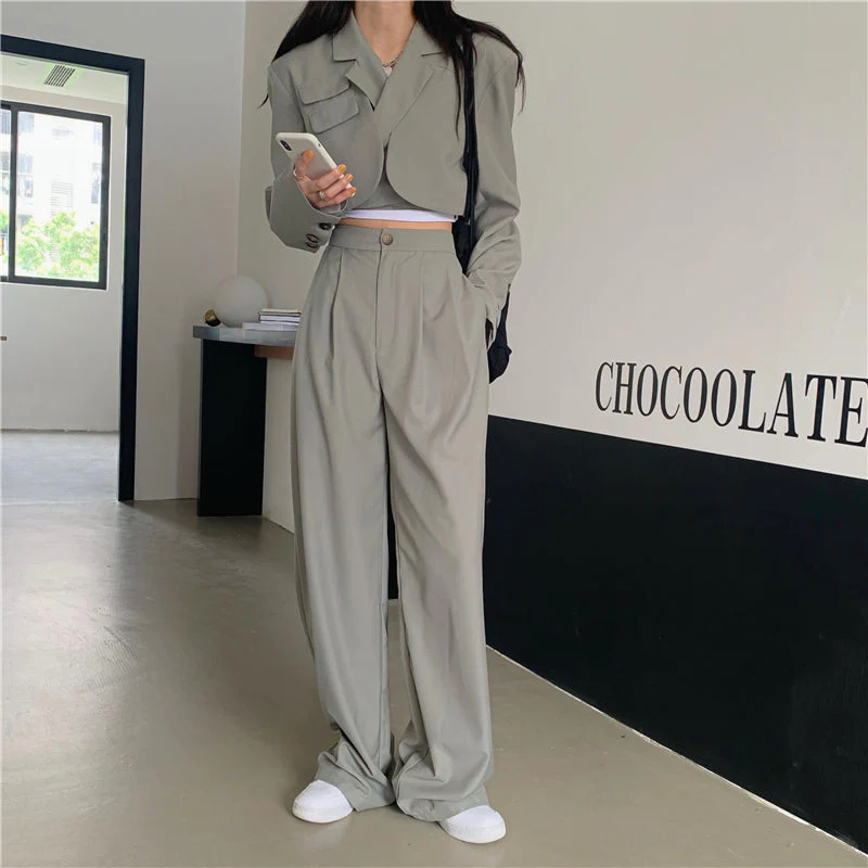 Korean summer Two Piece Set Women Crop Top Sexy Lace-up Blazer Coat + High Waist Pants Suit Sets Streetwear 2 Piece Sets Women - Deanwangkt