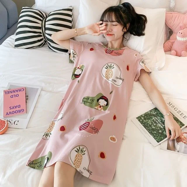 deanwangkt  Women Short Sleeve Sleepwear Cotton Night Gowns Summer Cartoon Nightgowns Home Wear Girls Sleep Lounge Sleeping Dress - Deanwangkt