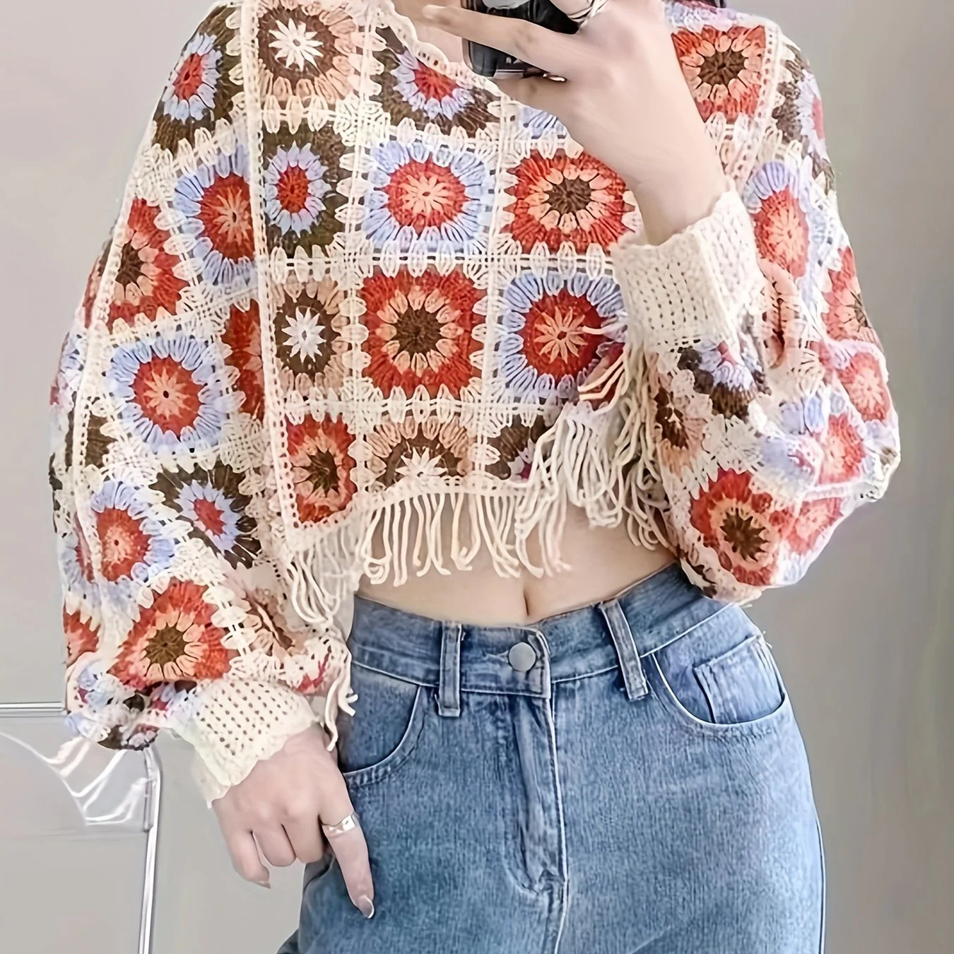 deanwangkt-1 Floral Pattern Tassel Trim Sweater, Boho Batwing Sleeve Stylish Crop Sweater For Spring & Fall, Women's Clothing - Deanwangkt