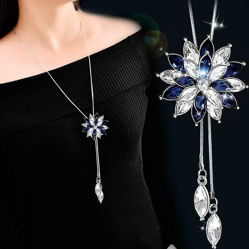 DEANWANGKT Sunflower Crystal Pendant Necklace Women Fashion Blue White Rhinestone Long Chain Necklaces & Pendants Jewelry - Deanwangkt