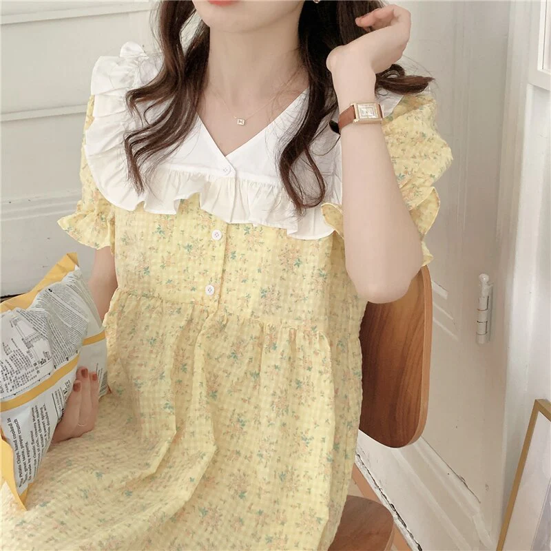 deanwangkt Ruffles V-Neck Summer Pajamas Set Women Short Sleeve Sweet Blouse + Shorts Suit Cotton Sleepwear Flowers Plaid Homewear - Deanwangkt