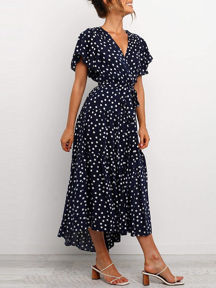 deanwangkt Women Polka Dot V-Neck Short Sleeve Casual Dresses With Belt - Deanwangkt