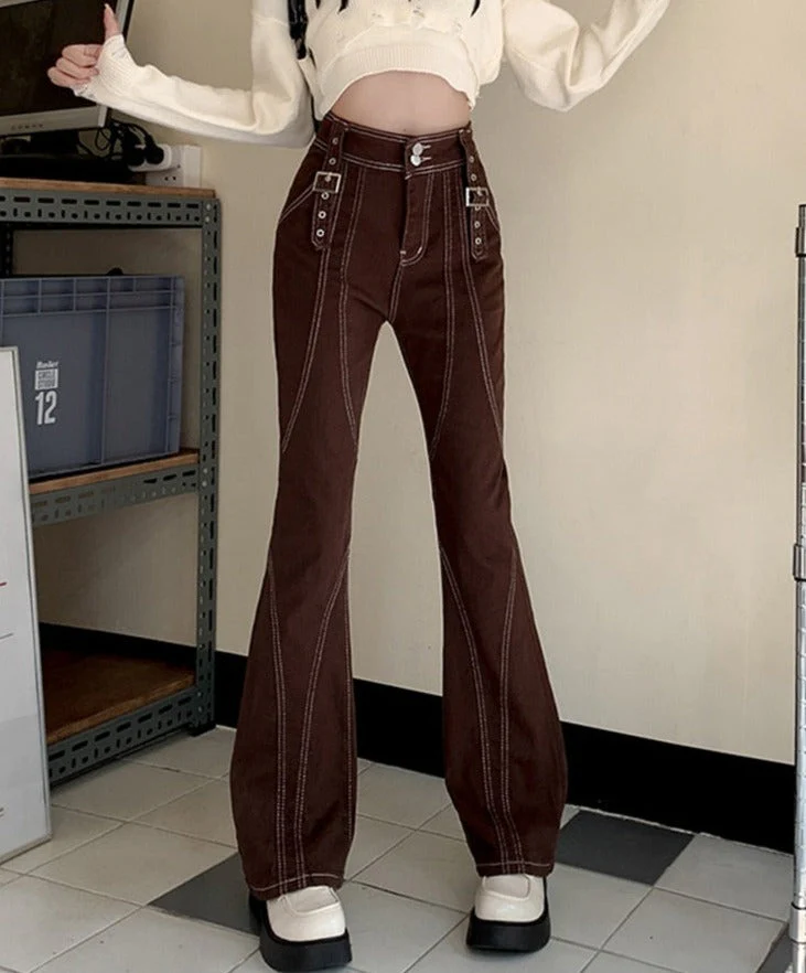 deanwangkt Retro High Waisted Flare Jeans Women Korean Autumn New Y2K High Street Brown Pants Female Buckle Cool Casual Pants S-XL - Deanwangkt