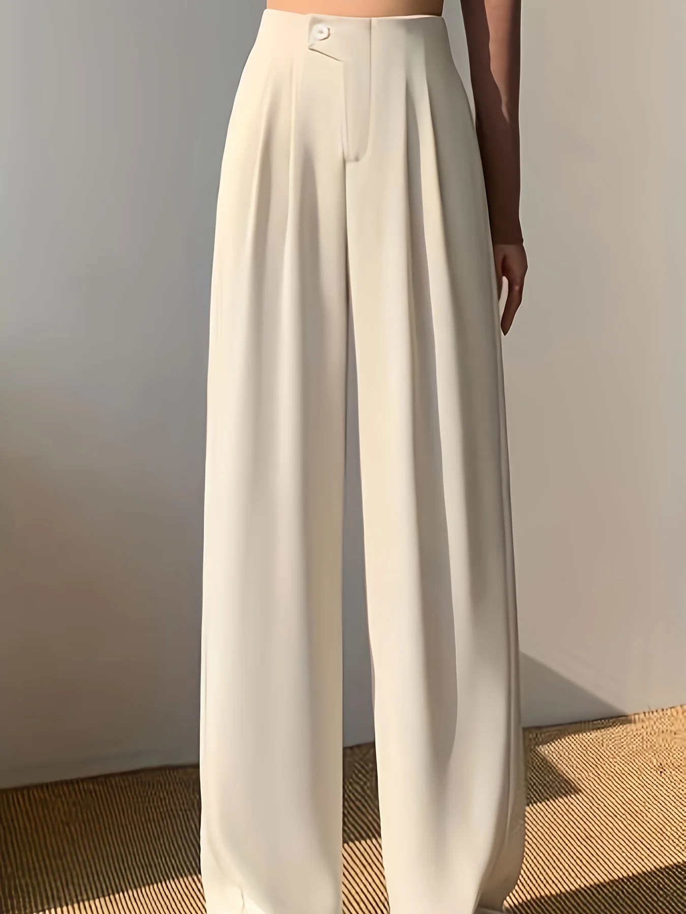 deanwangkt Solid High Waist Pants, Casual Wide Leg Button Pants, Women's Clothing - Deanwangkt