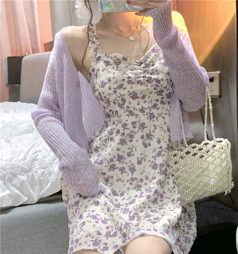 Floral Slip Dress Ladies Mini A-line Strap Dress  High Waist Ruched Purple Sundress For Women Spring  Clothing Robe Femme Fairy Dress - Deanwangkt