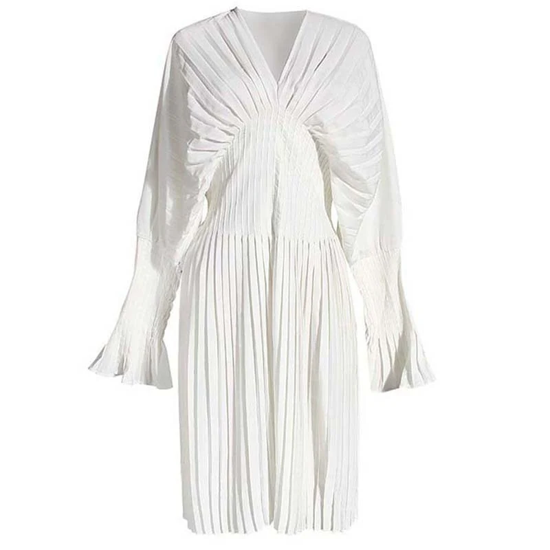 deanwangkt Women White Pleated Split Big Size Long Blouse New V-collar Long Sleeve Loose Fit Shirt Fashion Spring Summer  1W326 - Deanwangkt