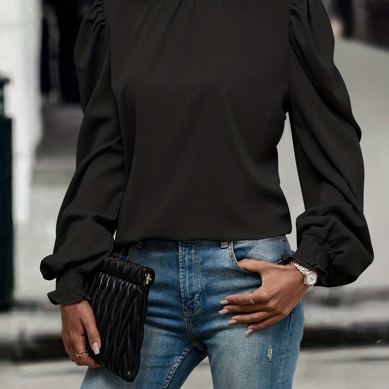 Mock Neck Puff Sleeve Blouse, Casual Solid Blouse For Spring & Fall, Women's Clothing - Deanwangkt