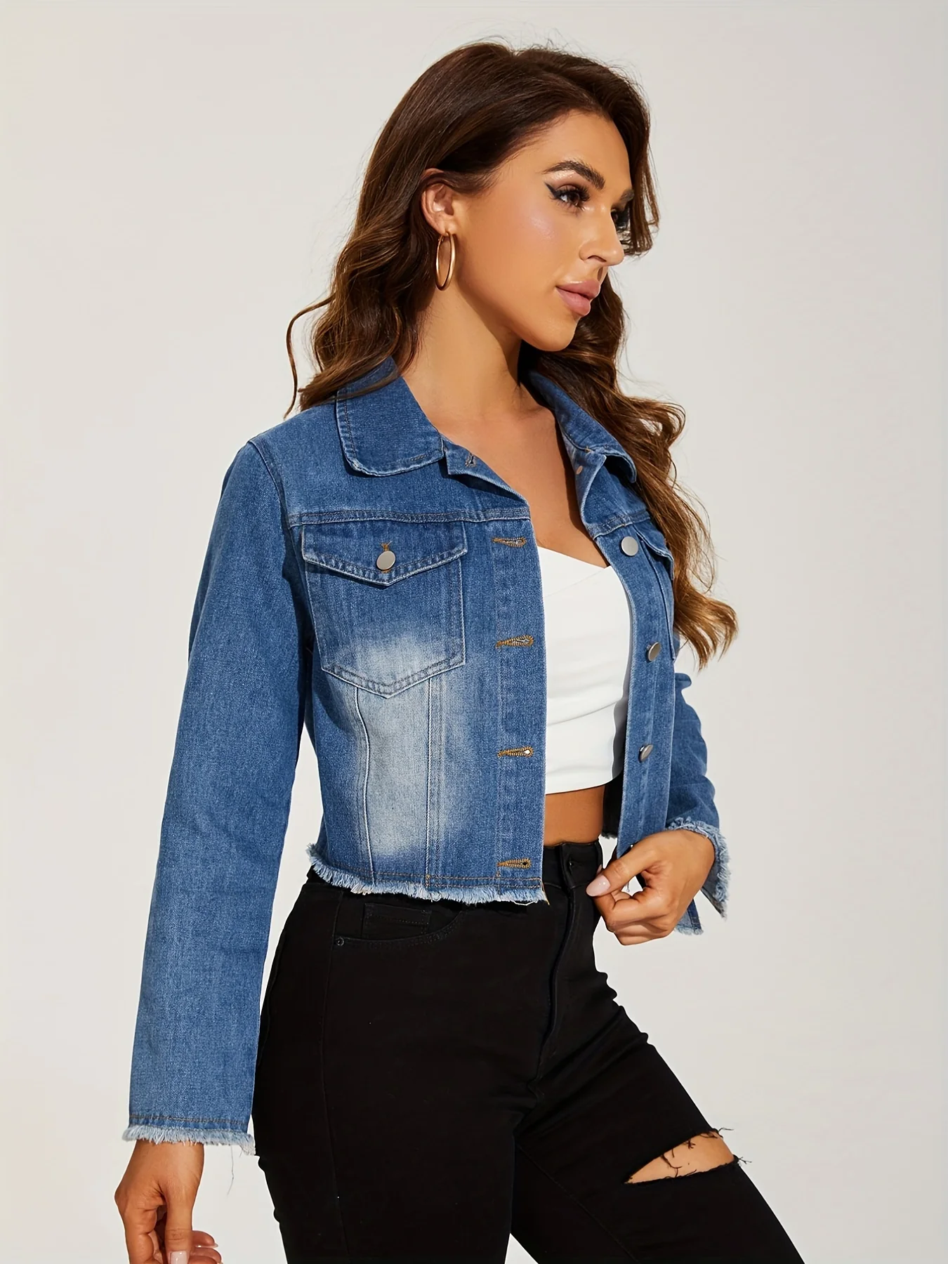 deanwangkt-1  Blue Frayed Trim Denim Jackets, Long Sleeves Single-Breasted Button Lapel Denim Coats, Women's Denim Clothing - Deanwangkt