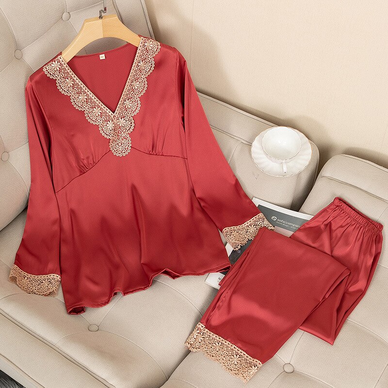 deanwangkt Nightwear Pyjamas Pajamas Set Satin Long Sleeve Women 2 Piece pjs sets Casual Lace Sleepwear Shirt&Pants Silky Intimate Lingerie - Deanwangkt