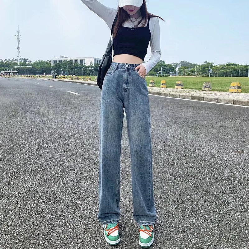 deanwangkt European And American Gentle Style Dirty Pink Ruffled Jeans, Women's Loose And Trendy Straight Tube Versatile Wide Leg Pants - Deanwangkt