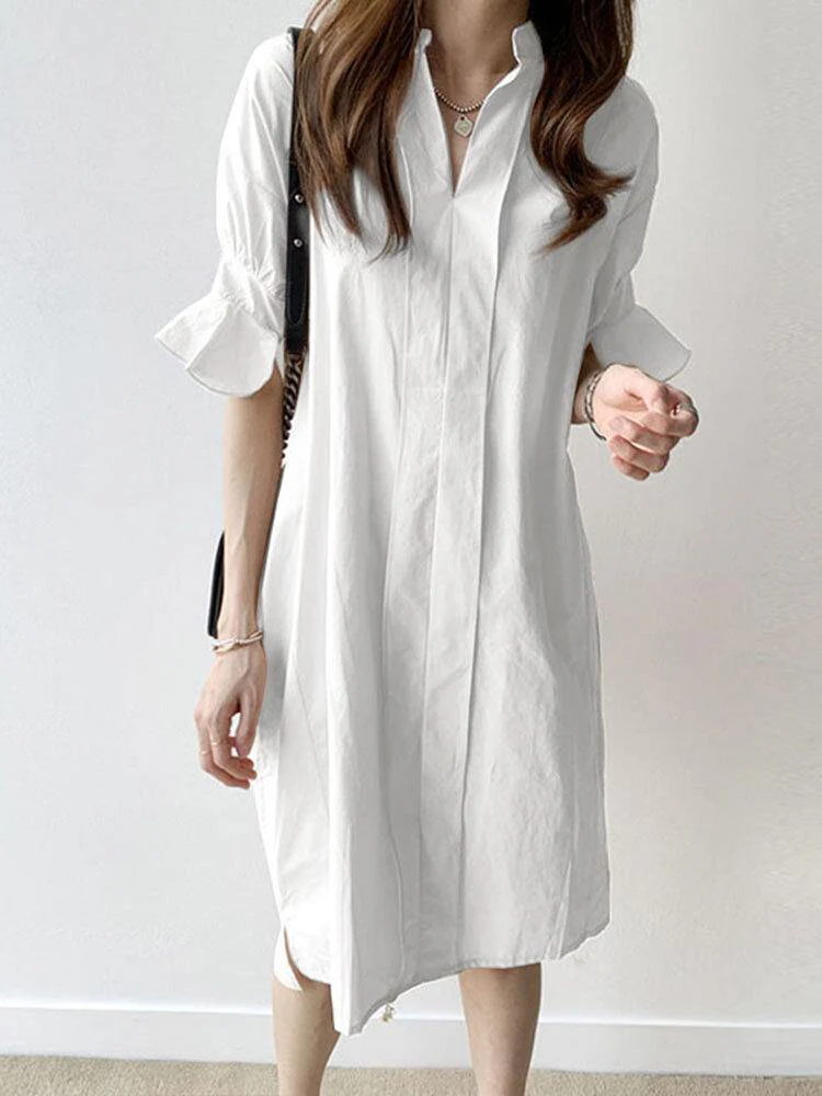 deanwangkt Casual Plain Lapel Button Half Sleeve Side Pocket Shirt Dress - Deanwangkt