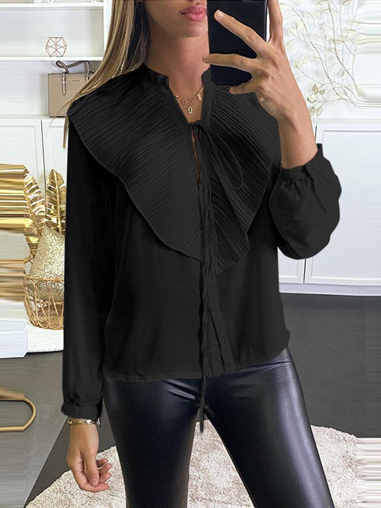 deanwangkt Original Ruffle Solid V-neck Pleated Leisure  Casual Shirt for Women - Deanwangkt