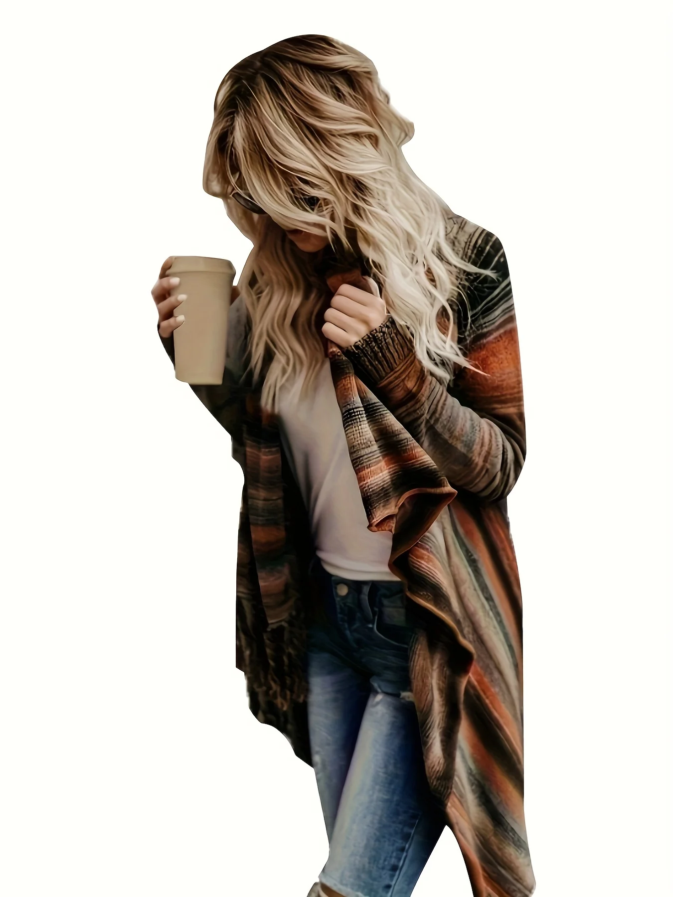 Striped Open Front Knit Shawl Cardigan, Elegant Tassel Trim Asymmetrical Mid Length Stylish Sweater, Women's Clothing - Deanwangkt