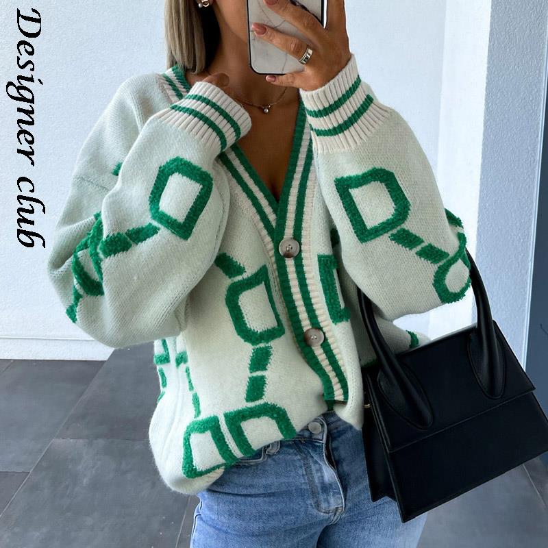 deanwangkt Back To School Women Cardigan Green Striped Pink Knit Button Lady Cardigans Sweaters V-Neck Loose Casual Winter Fashion Knitted Coat - Deanwangkt