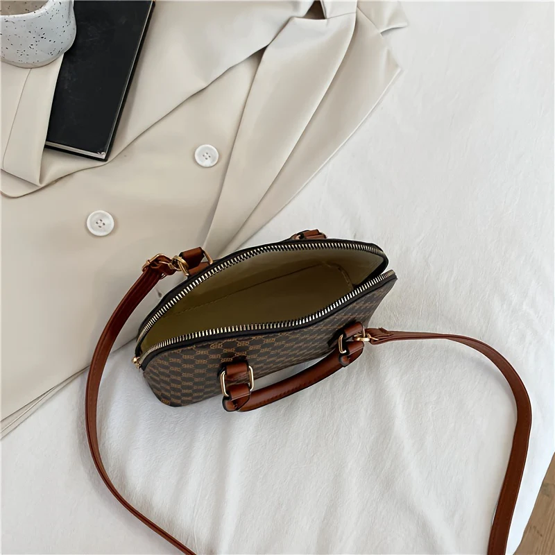 Vintage Geometric Pattern Shell Bag, Classic Zipper Textured Satchel Bag For Women - Deanwangkt